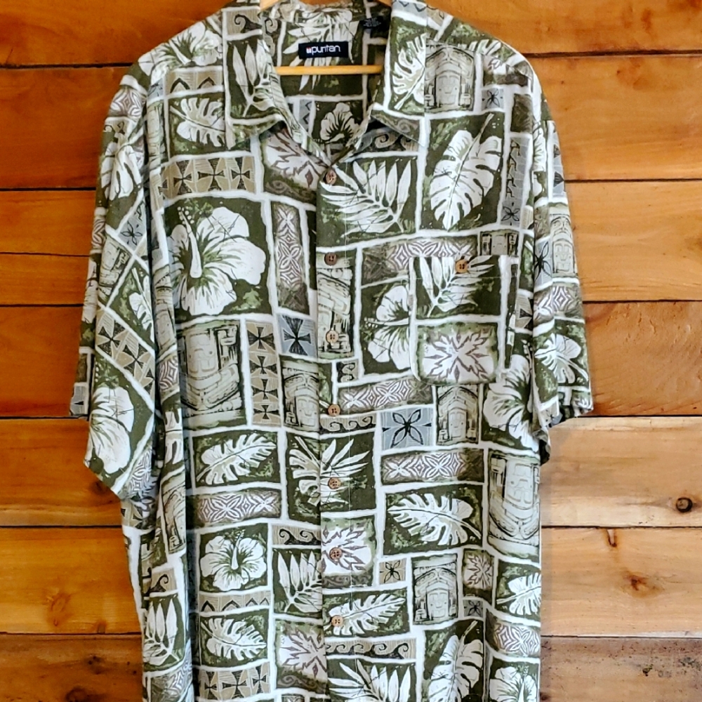 Puritan Olive and White Tropical Print Shirt